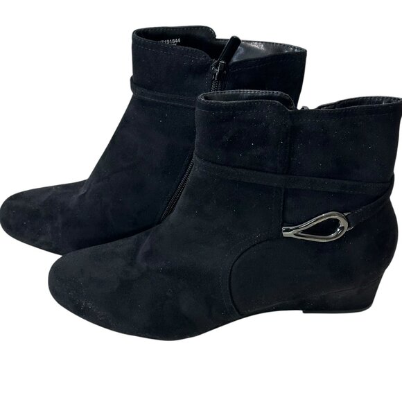 (9-240) Women's Black Impo Memory Foam Suede Wedge Ankle Boots Sz 7 - Picture 1 of 8